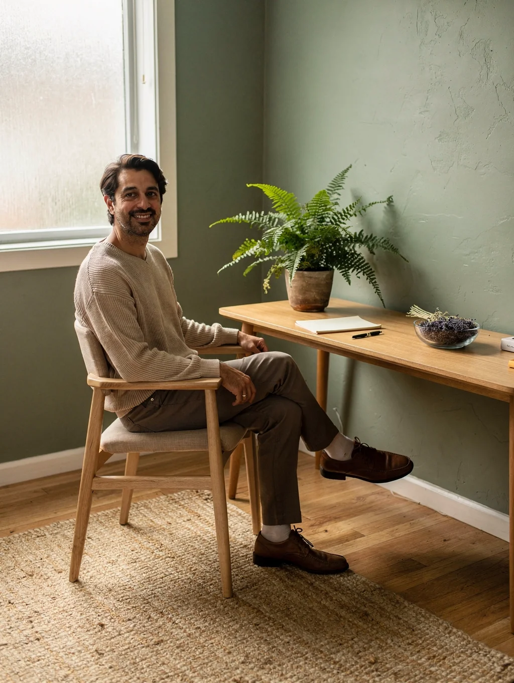 Alex Rivera, licensed therapist, smiling in a warm therapy office